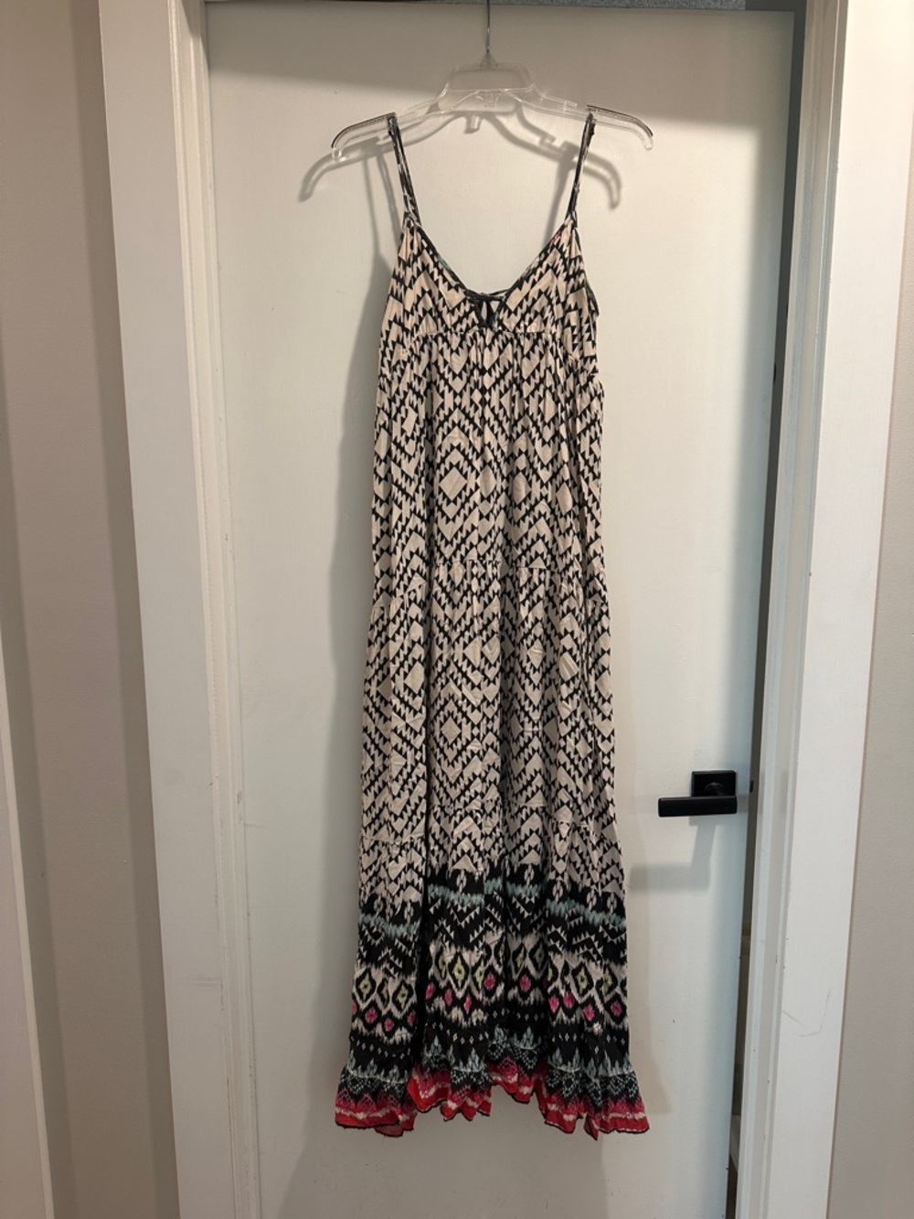 Spaghetti Strap Maxi Dress in Cream and Black with Color-Block Hem